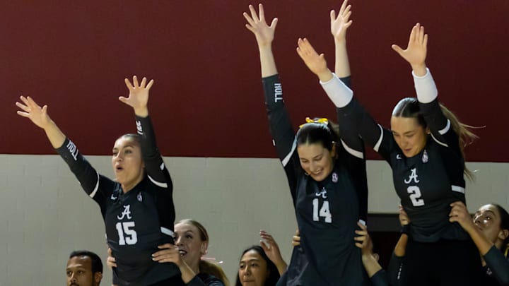 Lily Hopkins (15),  Addison Engel (14) and Callie Kieffer (2) during Alabama volleyball's four-set victory against Memphis at Foster Auditorium on Sept. 18, 2025