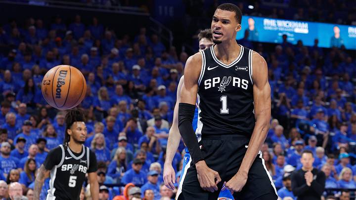 May 18, 2026; Oklahoma City, Oklahoma, USA; San Antonio Spurs center Victor Wembanyama (1) reacts after a dunk in the second quarter against the Oklahoma City Thunder during Game 1 of the Western Conference Finals for the 2026 NBA playoffs at Paycom Center. May 18, 2026; Oklahoma City, Oklahoma, USA; San Antonio Spurs center Victor Wembanyama (1) reacts after a dunk in the second quarter against the Oklahoma City Thunder during Game 1 of the Western Conference Finals for the 2026 NBA playoffs at Paycom Center.
