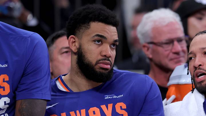 New York Knicks guard Jalen Brunson (11) talks to center Karl-Anthony Towns (32) during the fourth quarter of game one of the eastern conference semifinal round of the 2026 NBA Playoffs against the Philadelphia 76ers at Madison Square Garden. 