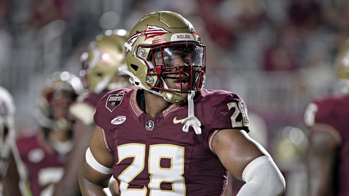 Sep 2, 2024; Tallahassee, Florida, USA; Florida State Seminoles linebacker Justin Cryer (28) reacts during the fourth quarter against the Boston College Eagles at Doak S. Campbell Stadium. Mandatory Credit: Melina Myers-Imagn Images