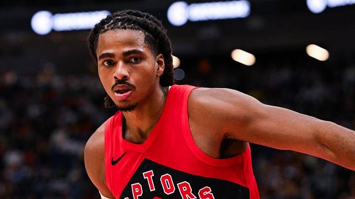 Oct 3, 2026; Quebec City, Quebec, CAN;  Toronto Raptors forward Collin Murray-Boyles (30) looks on against the Miami Heat during the first quarter at Videotron Centre.  Mandatory Credit: David Kirouac-Imagn Images