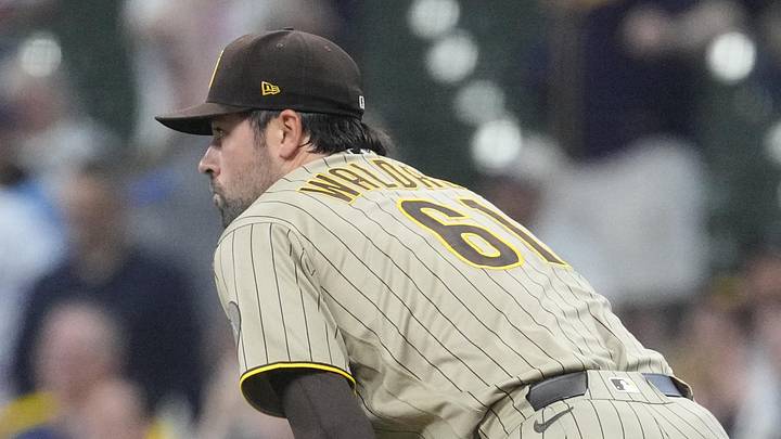 May 12, 2026; Milwaukee, Wisconsin, USA; San Diego Padres pitcher Matt Waldron (61) watches Milwaukee Brewers shortstop Joey Ortiz (3) home run in the third inning at American Family Field. Mandatory Credit: Michael McLoone-Imagn Images