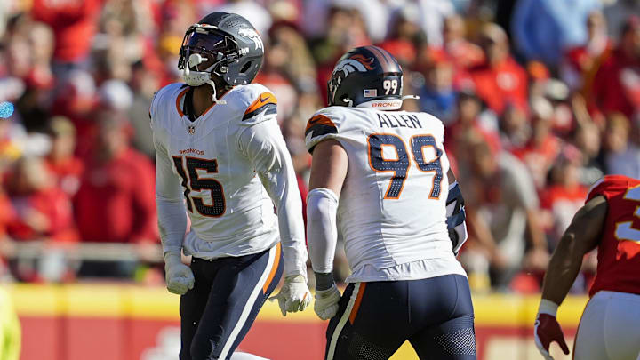 Nov 10, 2024; Kansas City, Missouri, USA; Denver Broncos linebacker Nik Bonitto (15) celebrates after a play during the first half against the Kansas City Chiefs at GEHA Field at Arrowhead Stadium. 