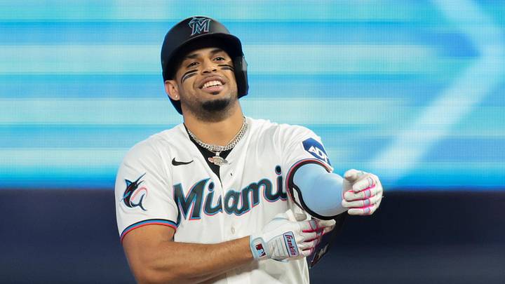 May 19, 2026; Miami, Florida, USA; Miami Marlins first baseman Christopher Morel (5) reacts from second base after hitting a double against the Atlanta Braves during the third inning at loanDepot Park. Mandatory Credit: Sam Navarro-Imagn Images