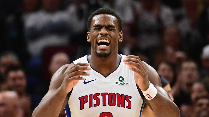 May 11, 2026; Cleveland, Ohio, USA; Detroit Pistons center Jalen Duren (0) reacts after a play against the Cleveland Cavaliers during the second half of game four in the second round of the 2026 NBA Playoffs at Rocket Arena. Mandatory Credit: Ken Blaze-Imagn Images
