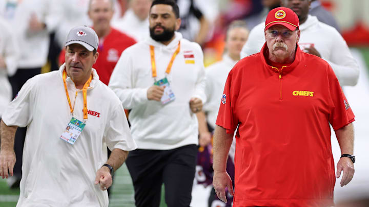 Feb 9, 2025; New Orleans, LA, USA; Kansas City Chiefs head coach Andy Reid on the sideline before Super Bowl LIX between the Philadelphia Eagles and the Kansas City Chiefs at Caesars Superdome. Mandatory Credit: Bill Streicher-Imagn Images