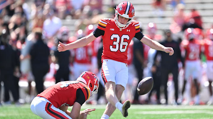 Sep 13, 2025; College Park, Maryland, USA;  Maryland Terrapins kicker Sean O'Haire (36) kicks an extra point against the Towson Tigers at SECU Stadium.