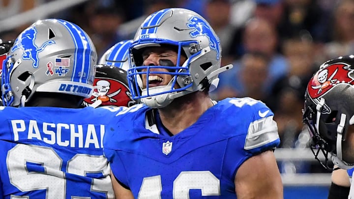 Detroit Lions linebacker Jack Campbell (46) celebrates against the Tampa Bay Buccaneers