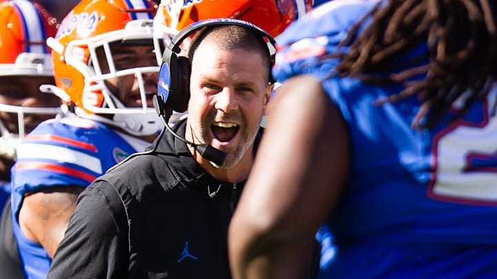 Florida Gators head coach Billy Napier celebrates a fourth down stop on the Ole Miss Rebels. 