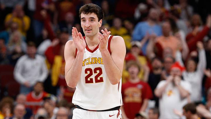 Mar 27, 2026; Chicago, IL, USA; Iowa State Cyclones forward Milan Momcilovic (22) reacts in the first half against the Tennessee Volunteers during a Sweet Sixteen game of the Midwest Regional of the men's 2026 NCAA Tournament at United Center. 