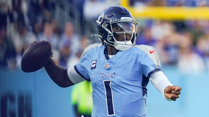 Tennessee Titans quarterback Cam Ward (1) looks to pass during the fourth quarter against the Seattle Seahawks at Nissan Stadium in Nashville, Tenn., Sunday, Nov. 23, 2025.