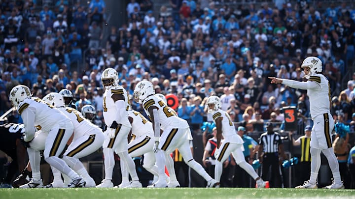 The New Orleans Saints offense before a play against the Carolina Panthers on Nov. 9, 2025. The New Orleans Saints offense before a play against the Carolina Panthers on Nov. 9, 2025.