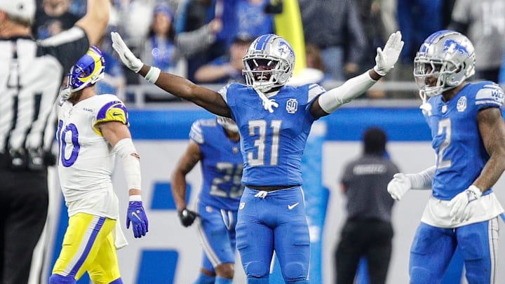 Detroit Lions safety Kerby Joseph (31) celebrates a play against the L.A. Rams during the second half Detroit Lions safety Kerby Joseph (31) celebrates a play against the L.A. Rams during the second half