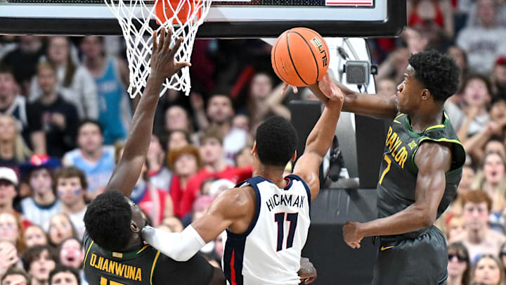 Baylor's 6-3 freshman guard VJ Edgecombe (7, right) blocks the shot of Gonzaga Bulldogs guard Nolan Hickman (11) during first-half action Monday at at Spokane Arena. No. 6 Gonzaga embarrassed No. 8 Baylor 101-63 in the season opener for both teams. Baylor plays No. 16 Arkansas at 6:30 p.m. Saturday at Dallas' American Airlines Center. Baylor's 6-3 freshman guard VJ Edgecombe (7, right) blocks the shot of Gonzaga Bulldogs guard Nolan Hickman (11) during first-half action Monday at at Spokane Arena. No. 6 Gonzaga embarrassed No. 8 Baylor 101-63 in the season opener for both teams. Baylor plays No. 16 Arkansas at 6:30 p.m. Saturday at Dallas' American Airlines Center.