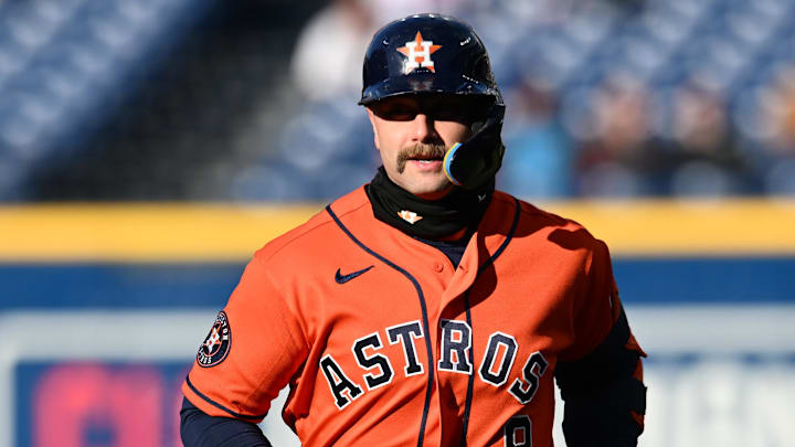 Apr 20, 2026; Cleveland, Ohio, USA; Houston Astros first baseman Christian Walker (8) rounds the bases after hitting a home run against the Cleveland Guardians during the first inning at Progressive Field. Mandatory Credit: Ken Blaze-Imagn Images