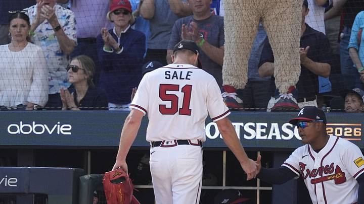 Sep 29, 2026; Cumberland, Georgia, USA;  Atlanta Braves pitcher Chris Sale (51) leaves the game in the seventh inning against the Philadelphia Phillies during game one of the Wildcard round for the 2026 MLB Playoffs at Truist Park.  Mandatory Credit: Dale Zanine-Imagn Images