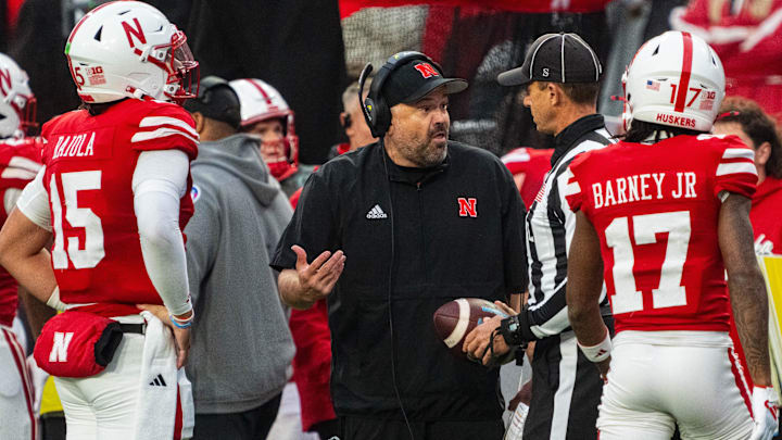 Nov 2, 2024; Lincoln, Nebraska, USA; Nebraska head coach Matt Rhule talks with an official against during the fourth quarter of the Huskers' game against UCLA