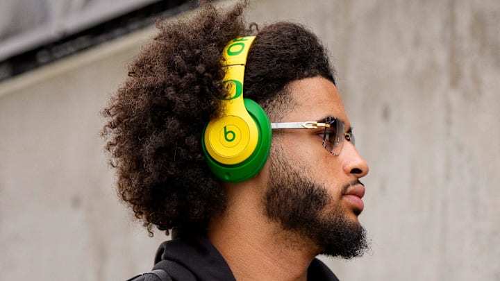 Oregon quarterback Dante Moore arrives at the field as the Oregon Ducks take on the Washington Huskies on Nov. 29, 2025, at Husky Stadium in Seattle, Washington.