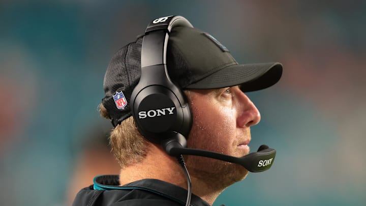 Aug 23, 2025; Miami Gardens, Florida, USA; Jacksonville Jaguars head coach Liam Coen watches from the sideline against the Miami Dolphins during the fourth quarter at Hard Rock Stadium. Mandatory Credit: Sam Navarro-Imagn Images