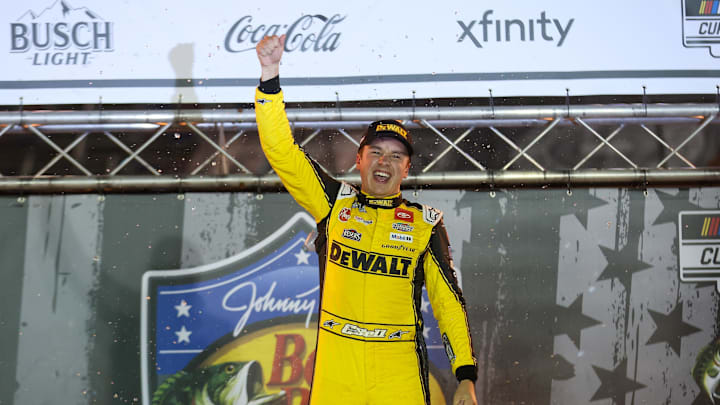 Sep 13, 2025; Bristol, Tennessee, USA; NASCAR Cup Series driver Christopher Bell (20) wins at Bristol Motor Speedway.