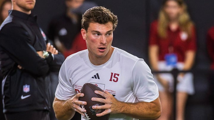 Fernando Mendoza participates in Indiana University's Pro Day at Mellencamp Pavilion on Wednesday, April 1, 2026.