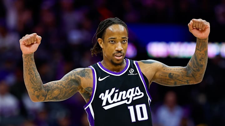 Jan 14, 2026; Sacramento, California, USA; Sacramento Kings guard DeMar DeRozan (10) celebrates after a basket during the third quarter against the New York Knicks at Golden 1 Center.