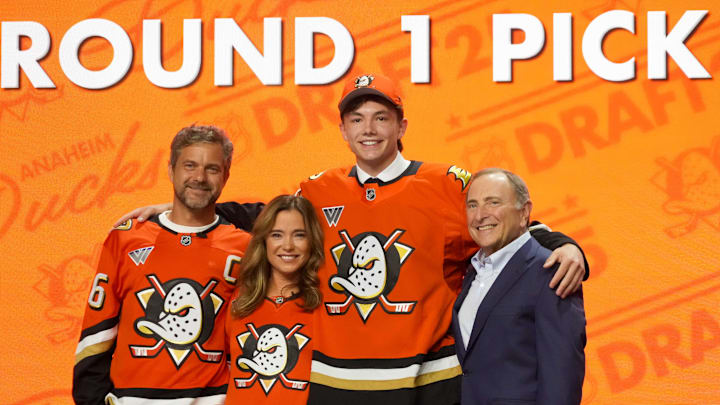 Jun 27, 2025; Los Angeles, California, USA; Roger McQueen is selected as the tenth overall pick to the Anaheim Ducks in the first round of the 2025 NHL Draft at Peacock Theater. Mandatory Credit: Kirby Lee-Imagn Images