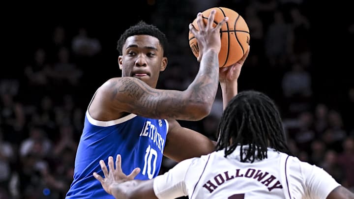 Mar 3, 2026; College Station, Texas, USA; Kentucky Wildcats forward Brandon Garrison (10) looks to pass the ball during the first half against the Texas A&M Aggies at Reed Arena. Mandatory Credit: Maria Lysaker-Imagn Images Mar 3, 2026; College Station, Texas, USA; Kentucky Wildcats forward Brandon Garrison (10) looks to pass the ball during the first half against the Texas A&M Aggies at Reed Arena. Mandatory Credit: Maria Lysaker-Imagn Images