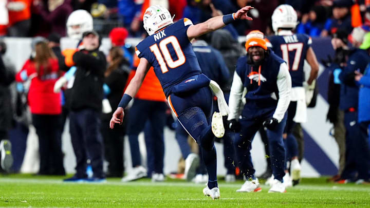 Dec 2, 2024; Denver, Colorado, USA; Denver Broncos quarterback Bo Nix (10) celebrates following a touchdown in the third quarter against the Cleveland Browns at Empower Field at Mile High. 