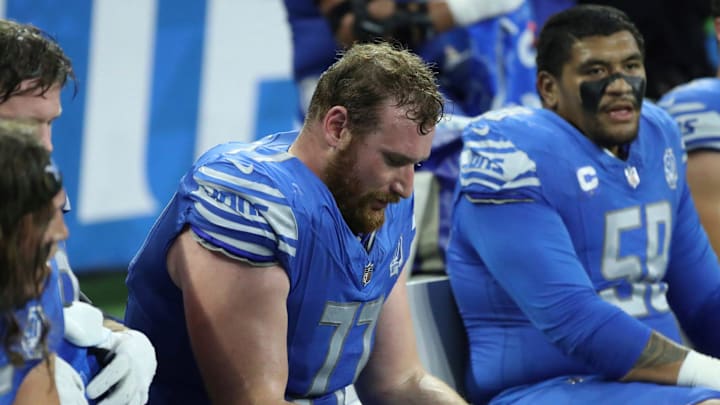 Detroit Lions center Frank Ragnow (77) on the sidelines during action against the Atlanta Falcons Detroit Lions center Frank Ragnow (77) on the sidelines during action against the Atlanta Falcons