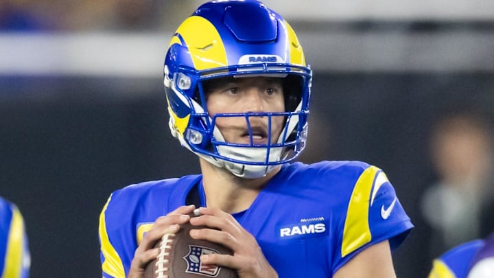 Jan 13, 2025; Glendale, AZ, USA; Los Angeles Rams quarterback Matthew Stafford (9) against the Minnesota Vikings during an NFC wild card game at State Farm Stadium. Mandatory Credit: Mark J. Rebilas-Imagn Images Jan 13, 2025; Glendale, AZ, USA; Los Angeles Rams quarterback Matthew Stafford (9) against the Minnesota Vikings during an NFC wild card game at State Farm Stadium. Mandatory Credit: Mark J. Rebilas-Imagn Images