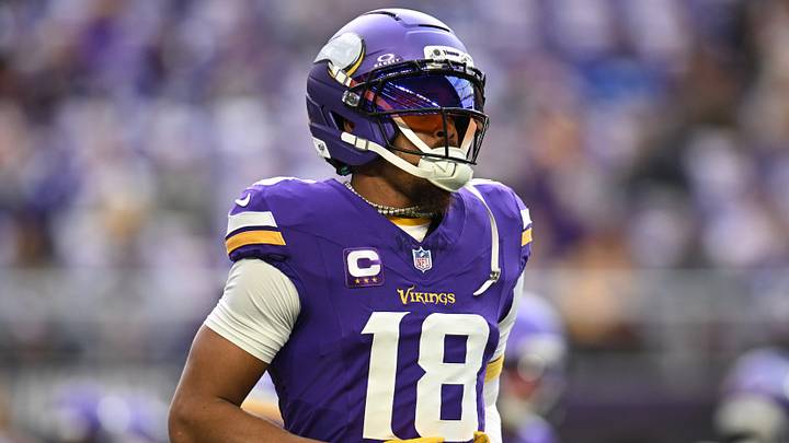 Minnesota Vikings wide receiver Justin Jefferson (18) practices before the game at U.S. Bank Stadium. Minnesota Vikings wide receiver Justin Jefferson (18) practices before the game at U.S. Bank Stadium.