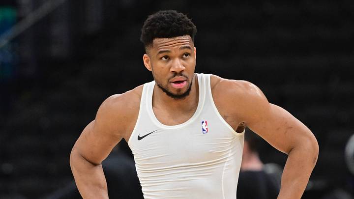 Apr 3, 2026; Milwaukee, Wisconsin, USA;  Milwaukee Bucks forward Giannis Antetokounmpo (34) warms up before the game against the Boston Celtics at Fiserv Forum. Mandatory Credit: Benny Sieu-Imagn Images