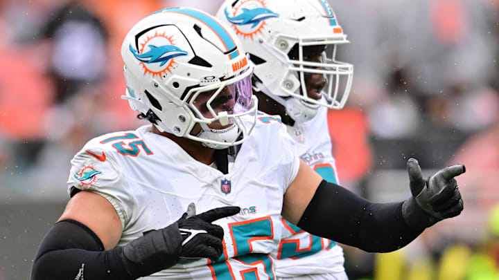 Miami Dolphins linebacker Jaelan Phillips celebrates after a tackle against the Cleveland Browns at Huntington Bank Field. Miami Dolphins linebacker Jaelan Phillips celebrates after a tackle against the Cleveland Browns at Huntington Bank Field.