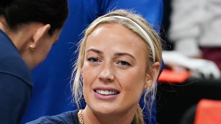 Indiana Fever guard Sophie Cunningham (8) on the sidelines on July 15, 2025.