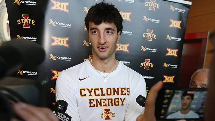 Iowa State forward Milan Momcilovic talks to media during an interview at Iowa State’s Sukup Basketball complex on Thursday, June 20, 2024, Ames, Iowa Iowa State forward Milan Momcilovic talks to media during an interview at Iowa State’s Sukup Basketball complex on Thursday, June 20, 2024, Ames, Iowa