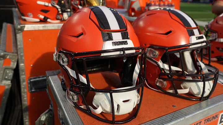 Dec 3, 2023; Inglewood, California, USA; Riddell speedflex Cleveland Browns helmets on the sidelines at SoFi Stadium. Mandatory Credit: Kirby Lee-Imagn Images