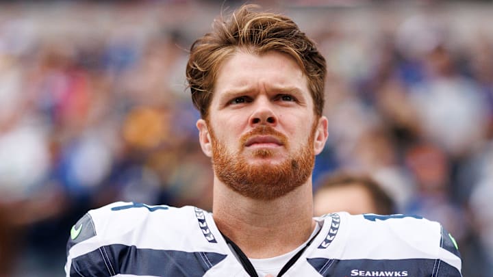 Sam Darnold of the Seattle Seahawks stands pregame Sam Darnold of the Seattle Seahawks stands pregame