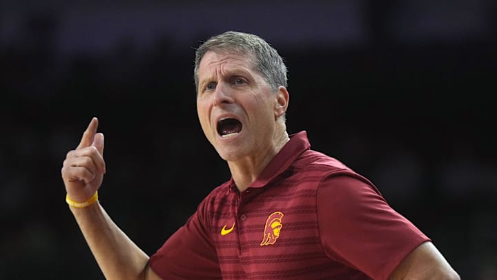 Jan 14, 2025; Los Angeles, California, USA; Southern California Trojans head coach Eric Musselman reacts in the first half against the Iowa Hawkeyes at Galen Center. Mandatory Credit: Kirby Lee-Imagn Images Jan 14, 2025; Los Angeles, California, USA; Southern California Trojans head coach Eric Musselman reacts in the first half against the Iowa Hawkeyes at Galen Center. Mandatory Credit: Kirby Lee-Imagn Images