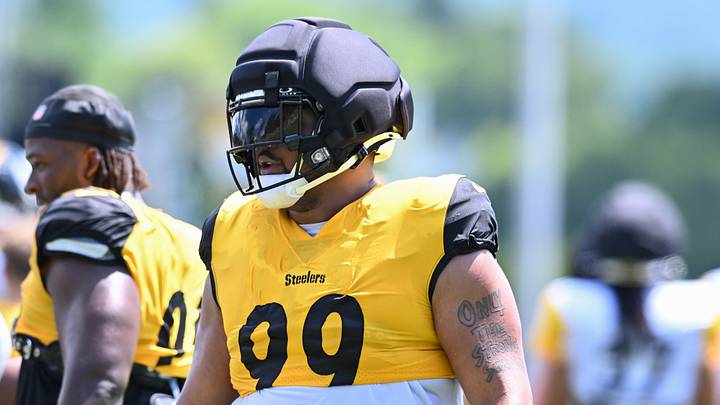 Aug 03, 2026; Latrobe, PA, USA;  Pittsburgh Steelers defensive tackle Derrick Harmon (99) participates in a practice session at Training camp at Saint Vincent College. Mandatory Credit: Barry Reeger-Imagn Images