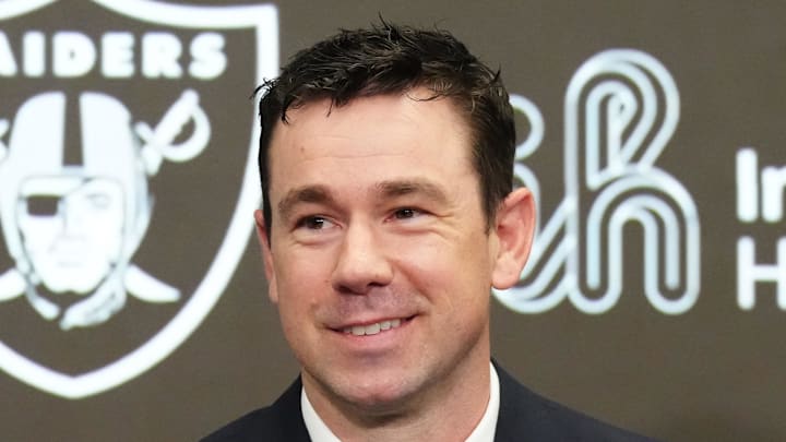 Feb 10, 2026; Henderson, NV, USA; Las Vegas Raiders coach Klint Kubiak speaks at introductory press conference at Intermountain Health Performance Center. Mandatory Credit: Kirby Lee-Imagn Images