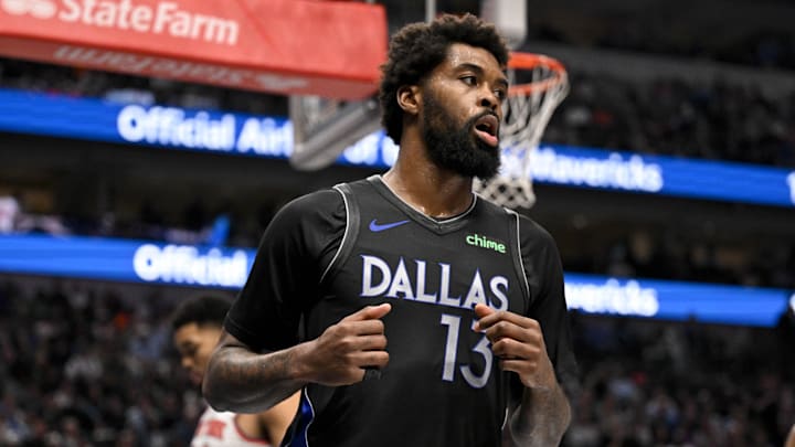 Nov 19, 2025; Dallas, Texas, USA; Dallas Mavericks forward Naji Marshall (13) reacts to making a basket against the New York Knicks during the second quarter at the American Airlines Center. Mandatory Credit: Jerome Miron-Imagn Images