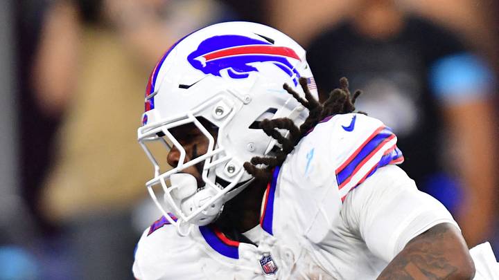 Oct 12, 2026; Inglewood, California, USA;  Buffalo Bills running back James Cook III (4) rushes for a touchdown during the second quarter against the Los Angeles Rams at SoFi Stadium.  Mandatory Credit: Gary A. Vasquez-Imagn Images