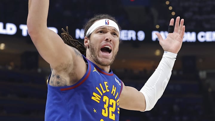 May 13, 2025; Oklahoma City, Oklahoma, USA; Denver Nuggets forward Aaron Gordon (32) reacts after a play against the Oklahoma City Thunder during the second quarter of game five of the second round for the 2025 NBA Playoffs at Paycom Center. Mandatory Credit: Alonzo Adams-Imagn Images
