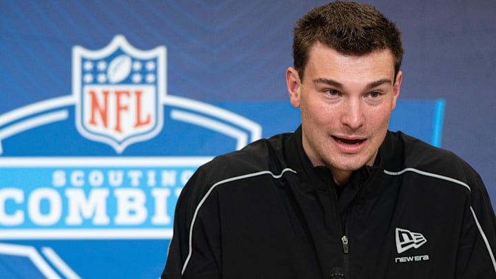 Feb 27, 2026; Indianapolis, IN, USA; Indiana quarterback Fernando Mendoza (QB11) speaks to members of the media during the NFL Combine at the Indiana Convention Center. Mandatory Credit: Jacob Musselman-Imagn Images Feb 27, 2026; Indianapolis, IN, USA; Indiana quarterback Fernando Mendoza (QB11) speaks to members of the media during the NFL Combine at the Indiana Convention Center. Mandatory Credit: Jacob Musselman-Imagn Images