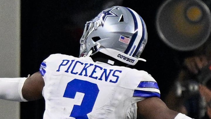 Sep 28, 2025; Arlington, Texas, USA; Dallas Cowboys wide receiver George Pickens (3) celebrates in the end zone after he catches a pass for a touchdown during the game between the Dallas Cowboys and the Green Bay Packers at AT&T Stadium. Mandatory Credit: Jerome Miron-Imagn Images