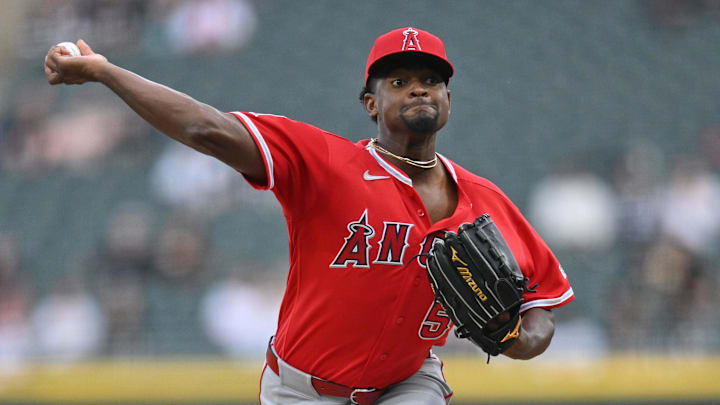 Los Angeles Angels pitcher Jose Soriano (59) throws