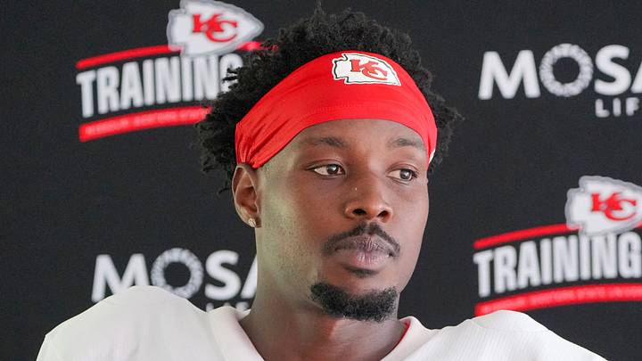 Aug 3, 2026; Kansas City, MO, USA; Kansas City Chiefs   safety Chamarri Conner (27) speaks to media after training camp at Missouri Western University. Mandatory Credit: Denny Medley-Imagn Images