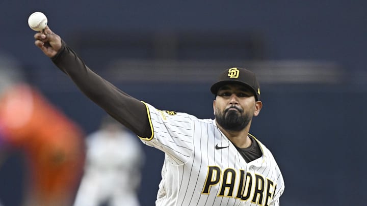 Mar 31, 2026; San Diego, California, USA; San Diego Padres starting pitcher Germán Márquez (33) delivers during the first inning against the San Francisco Giants at Petco Park. Mandatory Credit: Denis Poroy-Imagn Images