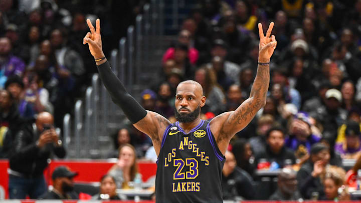 Jan 30, 2026; Washington, District of Columbia, USA; Los Angeles Lakers forward LeBron James (23) on the court against the Washington Wizards during the second half at Capital One Arena. Mandatory Credit: Brad Mills-Imagn Images